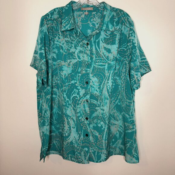 Woman Within Teal w Terracotta Swirl‎ Pattern Button Up Shirt Women's L 18/20 - Picture 1 of 6